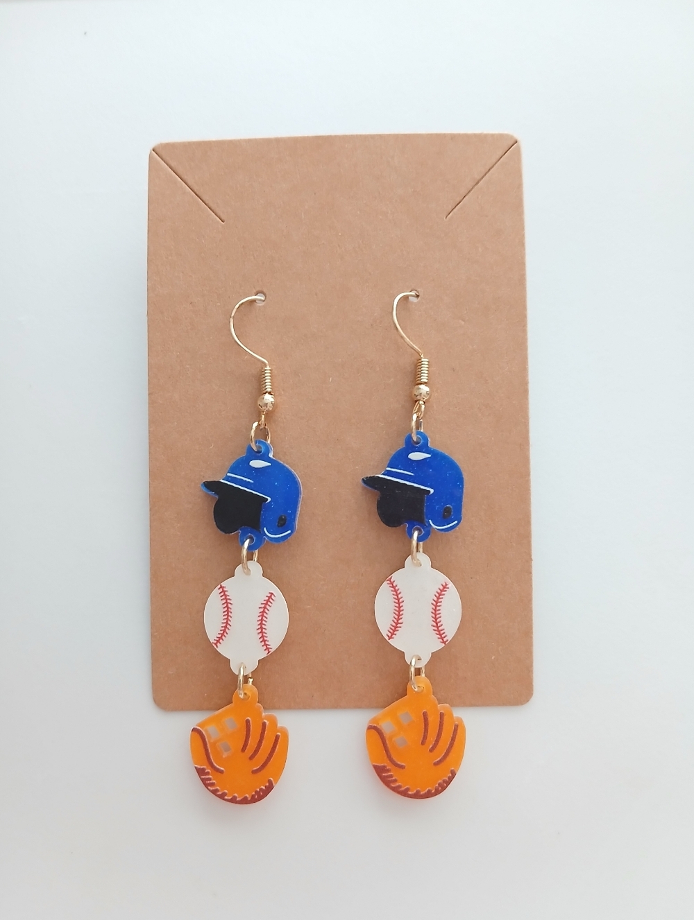 Fashion Jewelry Blue Helmet, White Baseball & Orange Glove Dangle Earrings